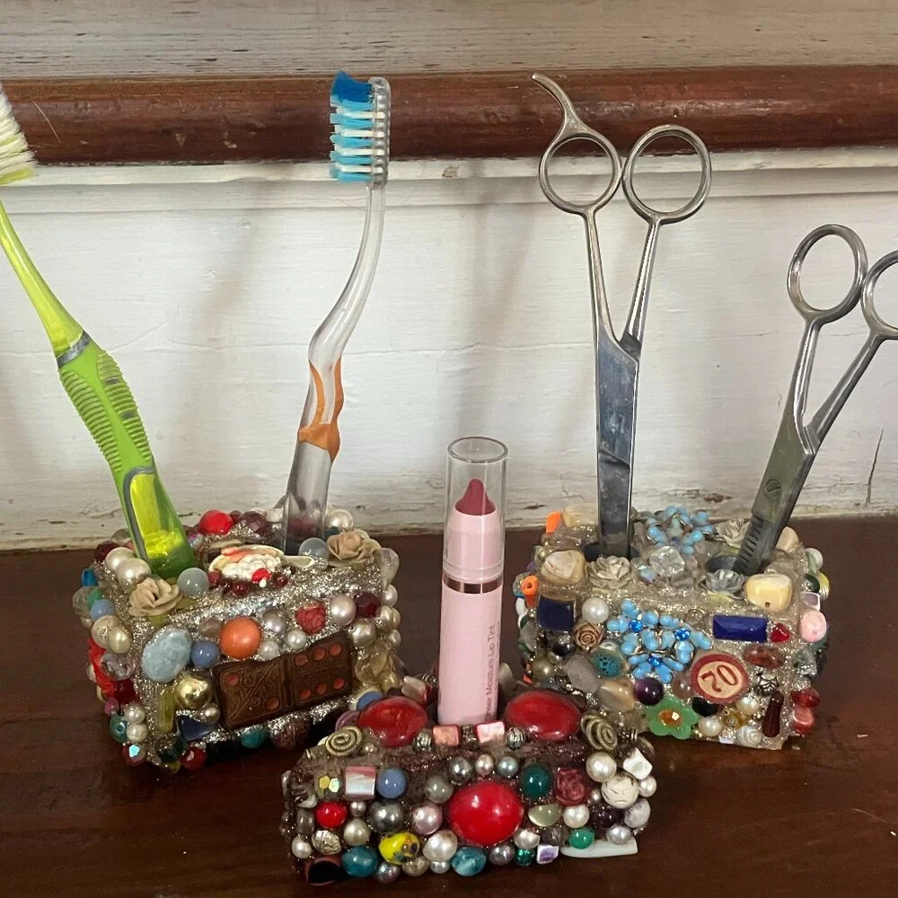 3 Handmade Pen/ Pencil/ Brush holders mosaic of beads, faux pearls, sparkles